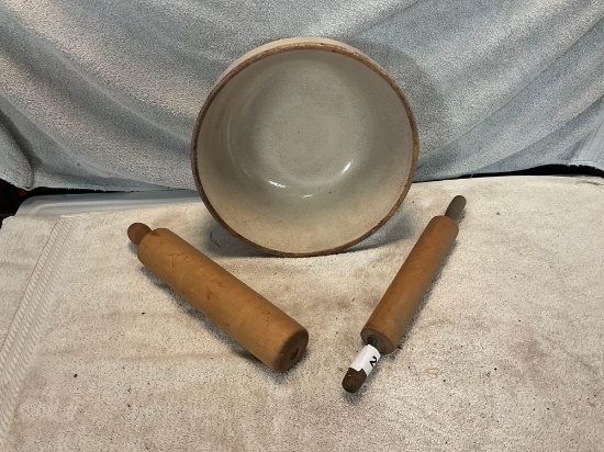 unmarked stoneware mixing bowl w/(2) wooden rolling pins