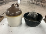 5 gallon unmarked crock jug, bailed enamel pot and 6 quart churn jar