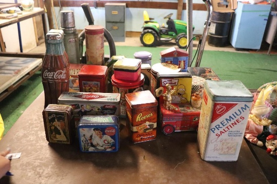 MISC. LOT OF TINS AND A STANLEY THERMOS