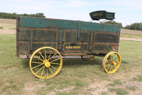 JOHN DEERE WOODEN WAGON ON STEEL WHEELS
