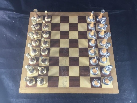 MEdium Chess Board with Wood and metal pieces. Game board and all pieces.