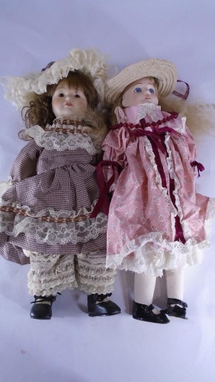 2 Dolls 18" Porcelain with Hats 1 Marked=Gwen Boser