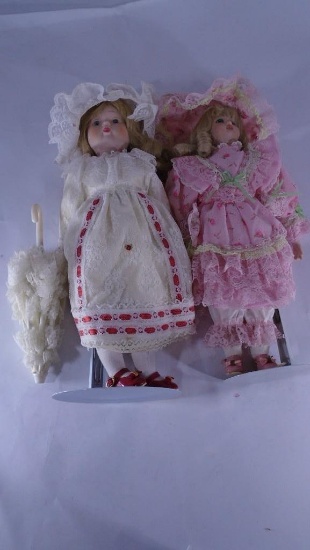 2 Dolls 16" Porcelain with Hats and Working Umbrella and Stands 1 Marked Gwen Boser