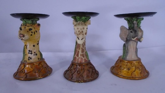 x3 Animal Candle Holders Elephent Giraffe Cheeta by Sap Trading Inc. Sctratches and Removable Top