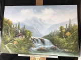 Oil on Canvas signed R. Boren Waterfall by cabin in the mountains 24 tall 36 wide