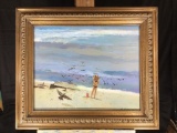little girl and seagulls on beach signed R. Romeus. Oil Painting on board 23 tall 27 wide