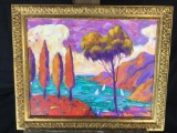 3 sailboats in distance of hillside cliff signed I. Koutsenko Oil painting on canvas 18 tall 21 wide
