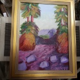 river rapids through tropical setting oil painting on board signed S.L. Blankenship 15 tall 12 wide