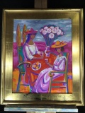 Art on canvas, 2 ladies drinking, signed I. Koutsenko 26 tall 22 wide