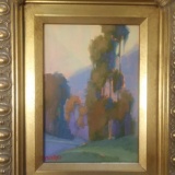 Tall trees by roadside, looks like oil on canvas, signed Osorio