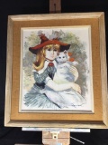 Girl in red hat with kitty cat. Oil on canvas. Signed.