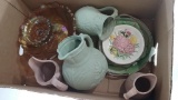 Box of porcelain and ceramic plates, carnival glass