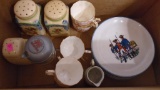 Box of Decorative porcelain plates, cups and various cups