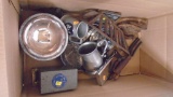 Various Metal Cups and various vintage clothing irons