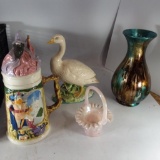 Box of Various Porcelain Statue, vases, and stein