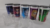 Batman Forever glass mugs Total 8, Plastic cups: Batgirl, Robin (2), Poison Ivy, Mr. Freeze (2),