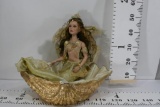 Mermaid Porcelain Doll on Wooden Painted Shell