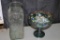 Decorative Glass Candy Dish 8in tall and Collection of Marbles in Glass Jug 13in tall