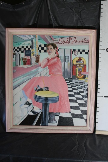Painting of Girl in 50's or "Grease" Style Diner with Coca-Cola Advertisements