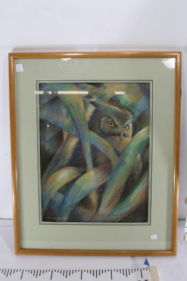 Framed Pastel of "Watchful Owl" signed Ken G. 22 wide 28 tall frame