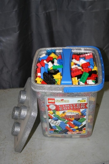 Small Plastic Bin Filled With Various Lego Pieces 25 Year Anniversary Collectible Bin and Bricks