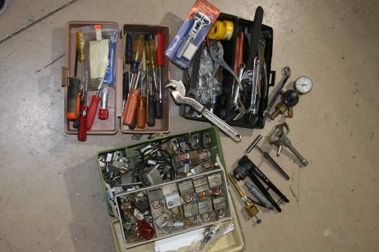 Tackle Box Filled with Various Locks & Keys, and Tool Boxes with Screwdrivers, Wrenches, etc.