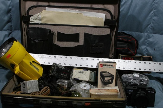 Box of Misc. Akira, Kodak and PhotoFlex Cameras, Slide Viewer, Quarts Clock, etc. in Briefcase
