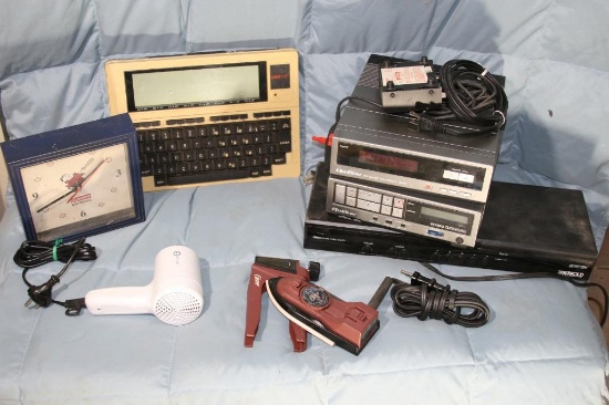 Box of Misc Items, Padres clock, DMS1 Portable Computer, Portable Iron, Frequency Synthesizer, etc.
