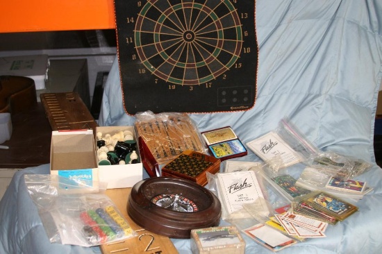 Box of Various Collectible Cards and Games, Chess, Roulette, Darts, etc.