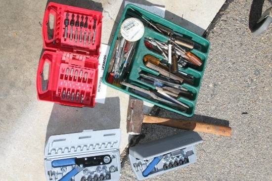 `Box of Misc. tools, Screwdrivers, Squeeze wrench 2 Units, Bits, Small Sledge Hammer, etc.