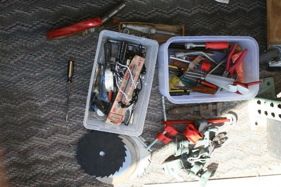 Box of Misc Hand Tools, Circular Saw Blades, Clamps, Pliers, Impact Tool set, etc.