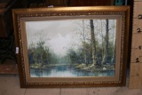 Oil Painting Of Forested Lake Under Cloudy Sky by Mori 46 tall 34 wide