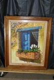 Oil Painting of Yellow Window with Red Brick Window sill and flowers signed Liz 32 wide 40 tall