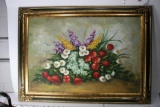 Large Painting of Floral Bundle signed D. Perry 24 tall 36 wide some Frame Damage