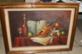 Oil Painting of Violin and Sheet Music on table with Fruit and Wine not signed 46 wide 34 tall