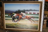 Oil Painting of Race Horses and Jockeys 44 tall 54 wide