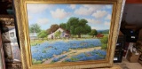 Oil Painting of Farm House and Flower Field Signed ornate frame 58in wide 4ft tall canvas 36in x 48