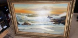 Framed Art of Waves Crashing on Shoreline William Hoffman 58in wide 39in tall