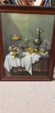 Oil painting of Table with Fruit, candle sticks, and Tea set not signed 58in Tall 45in wide
