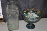 Decorative Glass Candy Dish 8in tall and Collection of Marbles in Glass Jug 13in tall