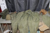 Various Vintage Military Gear, Medium Regular Jacket, Ammo Box, Canteen on belt, etc.