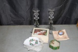 Small Porcelain Christmas Plate Set of 4, Crystal Candlesticks, Decorative Egg, etc.