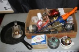 Box Of Misc. Fishing and Camping Items, Various Lures, Fishing Reel, Frying Pan, etc.