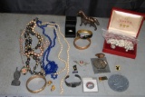 Box Of Various Jewelry, Necklaces, Pins, Bracelets, and Earrings and other misc items