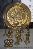 Various Bronze Candlesticks and Decorative Platter
