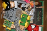 Box of Miscellaneous Toys, Superhero Mega Blox, Train Tracks, Pez Dispenser, Etc.