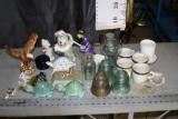 Box of Misc Glass & Ceramic Figures, Cups, Oil Lamp Cover, etc.