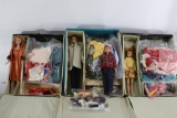 Vintage Midge and Ken dolls and 2 children dolls, with Various Clothes and Storage Boxes