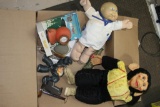 Box of misc dolls, Hair brush and comb, Collectible South Park Figure, Coke Bottle, etc.