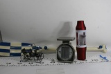 Box of Misc items, Oar Shaped Coat Hangar, Belvedere Vodka Drink Shaker, Vintage Scale, & Metal car
